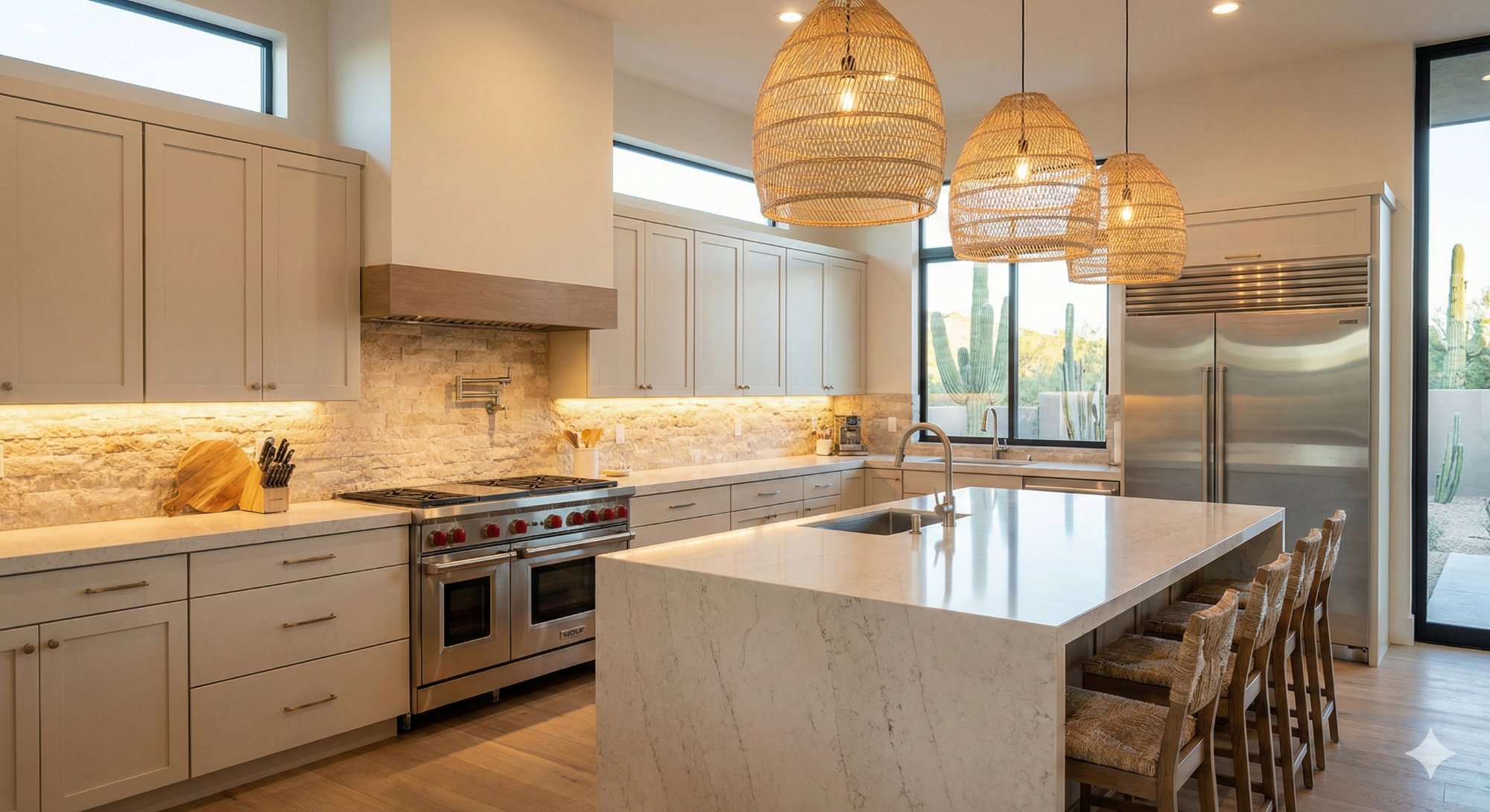 Modern Arizona kitchen with under cabinet lighting and pendant fixtures