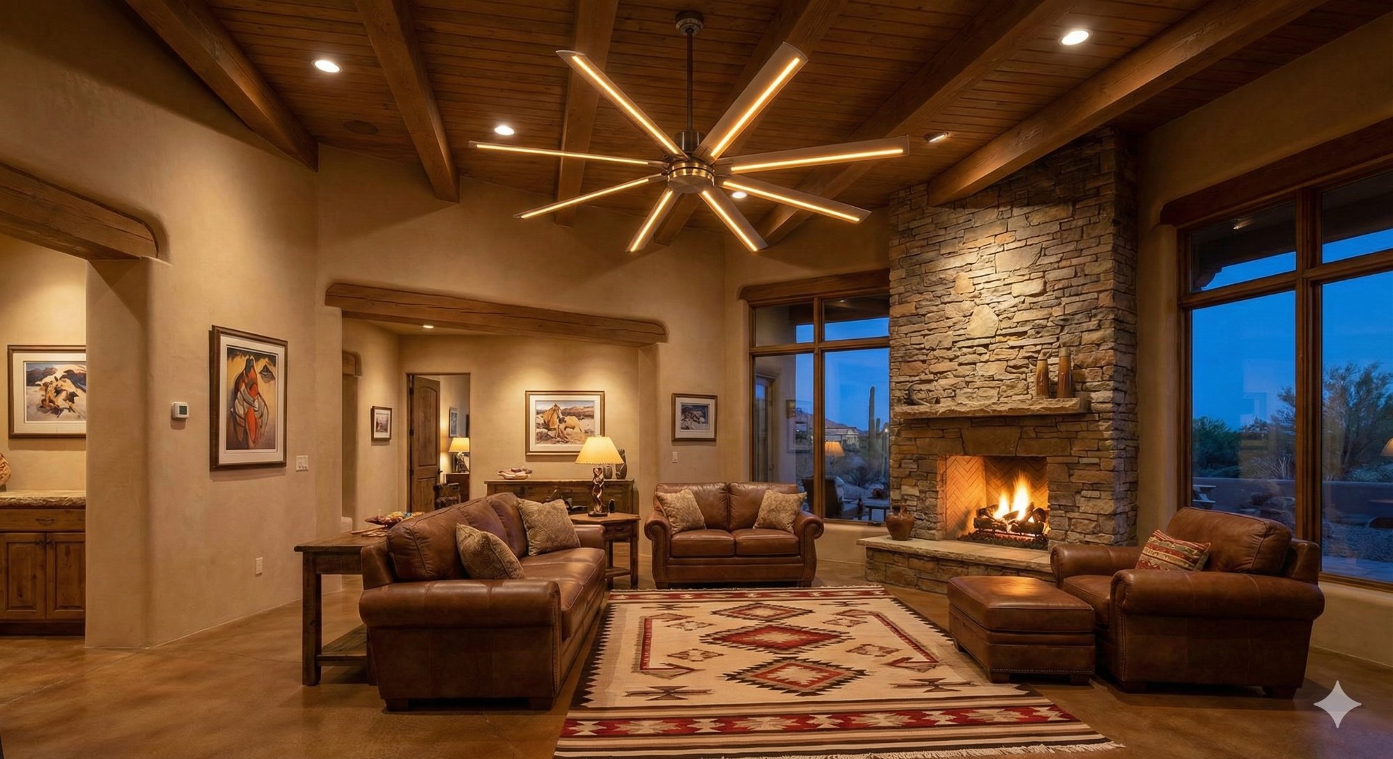 Luxury living room with modern ceiling fan and recessed lighting