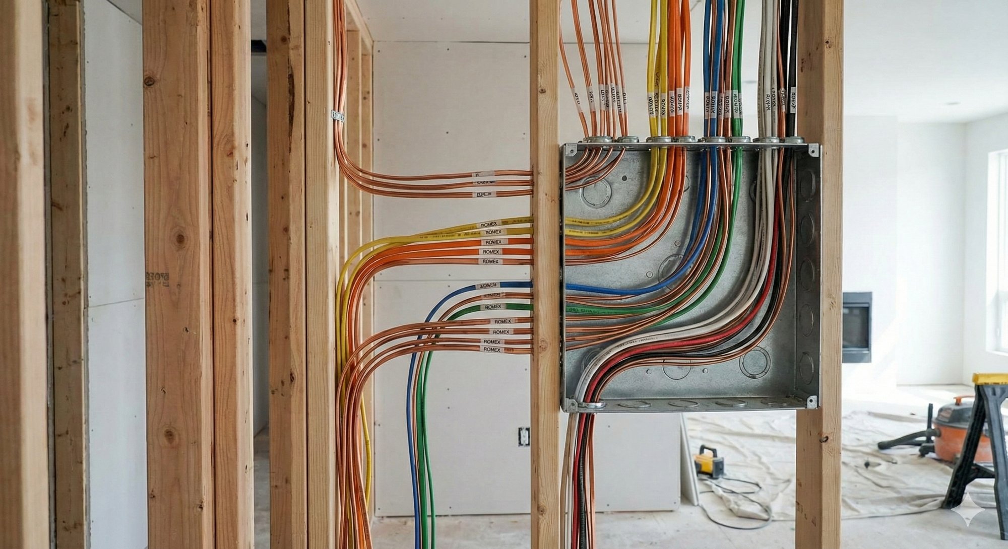 Professional electrical wiring installation in residential wall cavity